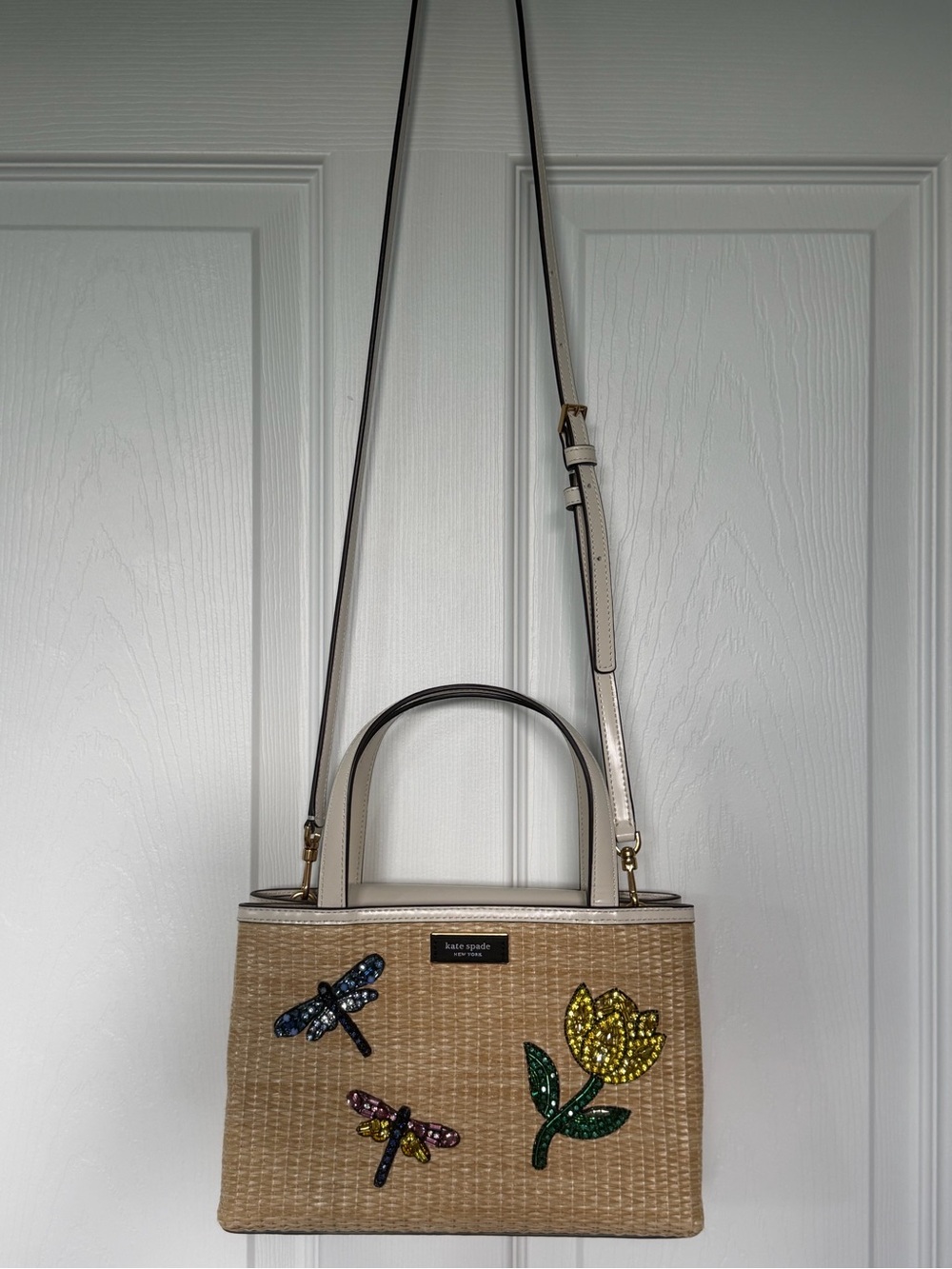 KATE SPADE Sam Icon Dragonfly Embellished Straw Small Tote Crossbody Bag Purse - Picture 17 of 17